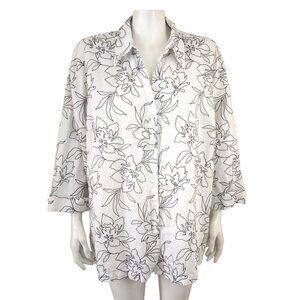 Jones New York Signature Linen White Black Floral Embroidered Blouse